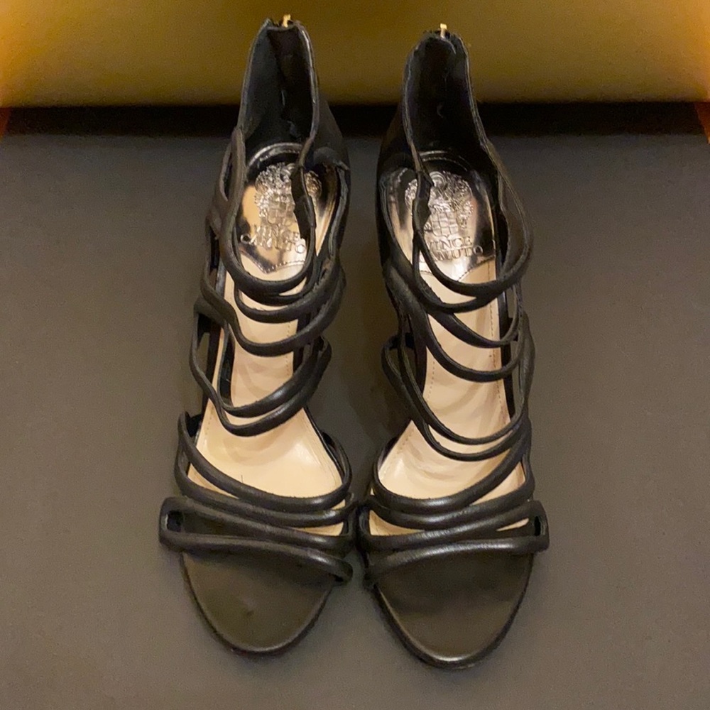 Vince Camuto tall black leather straps heels